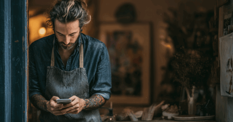 Un artisan utilisant son téléphone pour vérifier sa visibilité locale sur Google