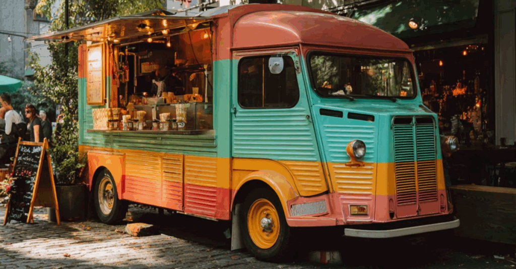 Food truck coloré servant des clients dans une rue animée