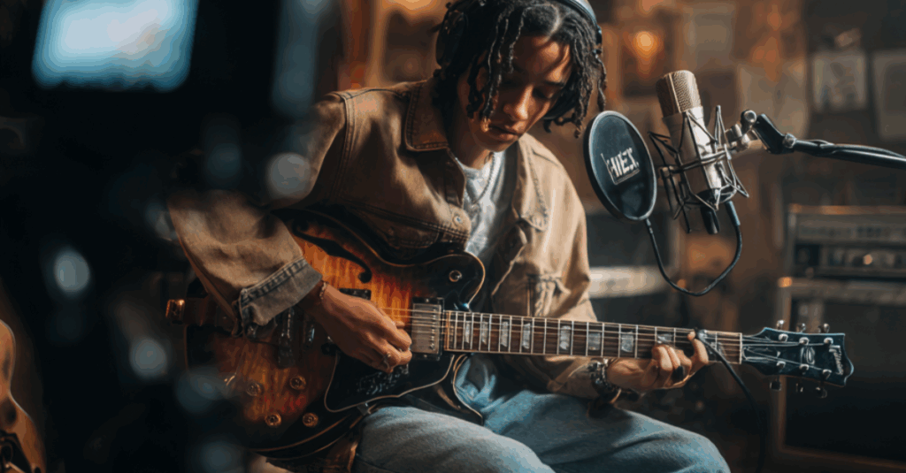 Jeune artiste jouant de la guitare devant un micro, en train d’enregistrer pour diffusion en ligne