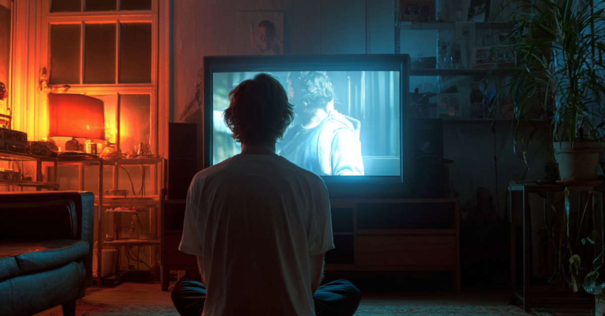 Personne qui regarde un pub sur sa TV