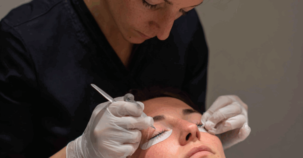 Lash artist effectuant une pose d'extension de cils
