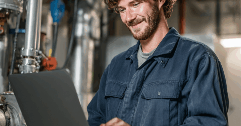 Artisan chauffagiste consultant sa stratégie digitale sur ordinateur portable
