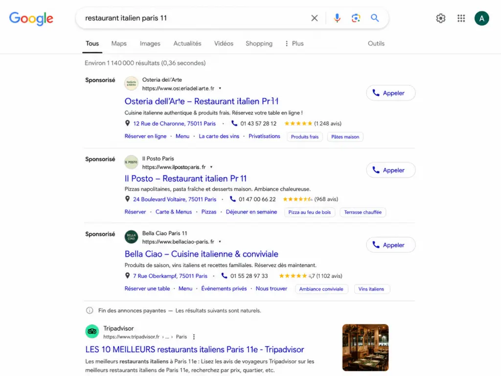  Screenshot d'annonces Google Ads pour restaurants
