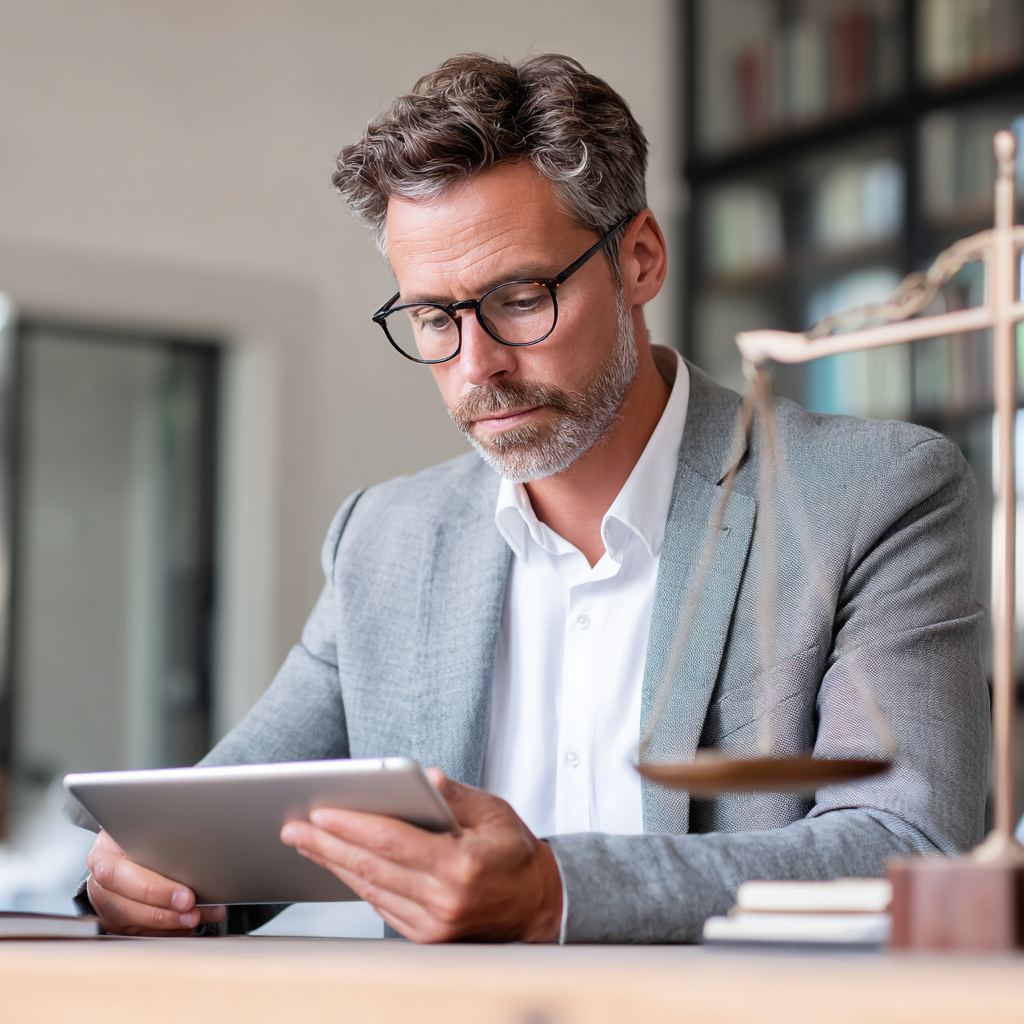 Avocat professionnel consultant Google Ads sur tablette dans bureau moderne avec balance de justice
