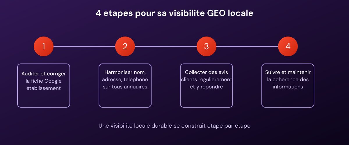 Quatre étapes clés pour optimiser le référencement local GEO : fiche Google, NAP, avis clients et suivi